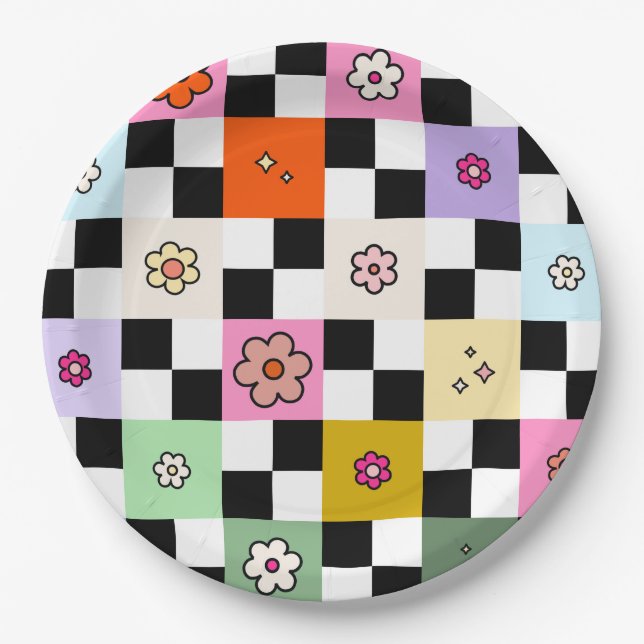 Plato De Papel Comprobación de la flor de las mareas de cuadros r (Anverso)