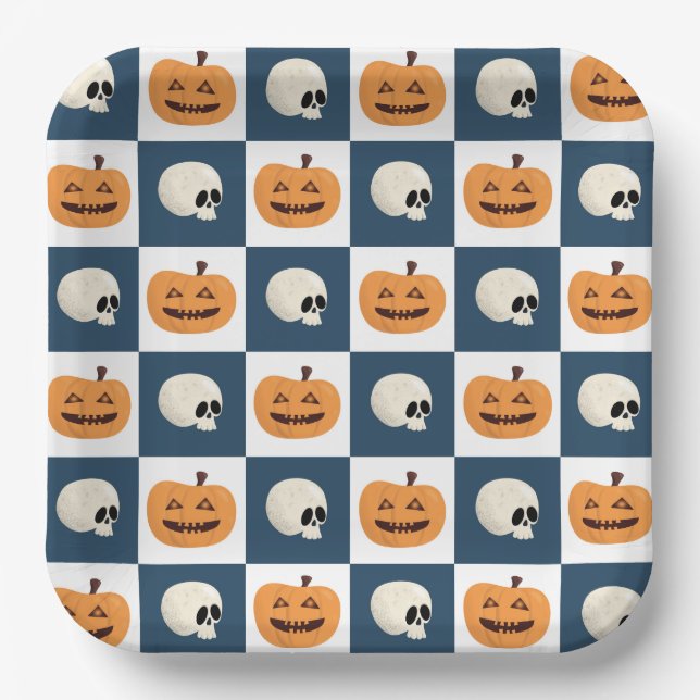 Plato De Papel Comprobaciones de calaveras y calabazas (Anverso)