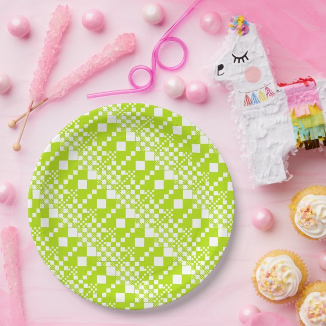 Plato De Papel Comprobaciones, verde animado y blanco (Fiesta)
