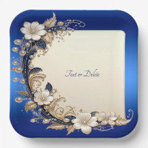 Plato de Papel con Adorno Floral Azul Blanco