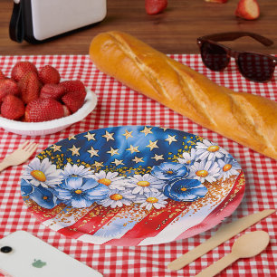 Plato de Papel con Brillo Floral Bandera Americana