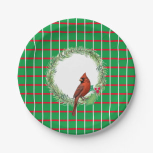 Plato de papel con cardenal en una guirnalda