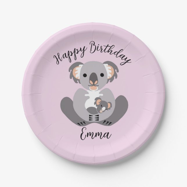 Plato De Papel Con cariño - KOALA - Feliz Cumpleaños - Rosa (Anverso)