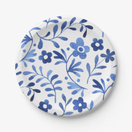 Plato de papel con diseño floral azul 