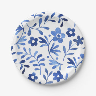 Plato de papel con diseño floral azul 
