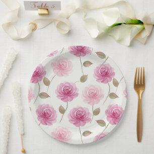 Plato de papel con elegante patrón de rosa en acua
