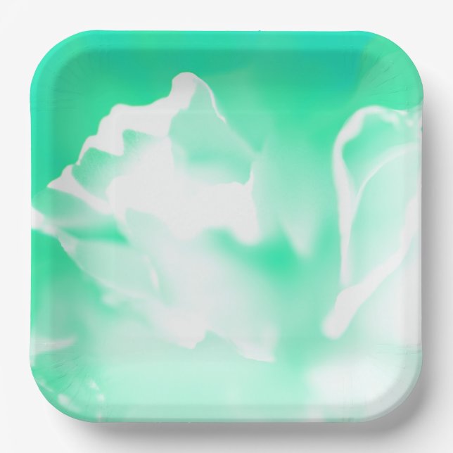 Plato de papel con estampado de flores verde espum (Anverso)