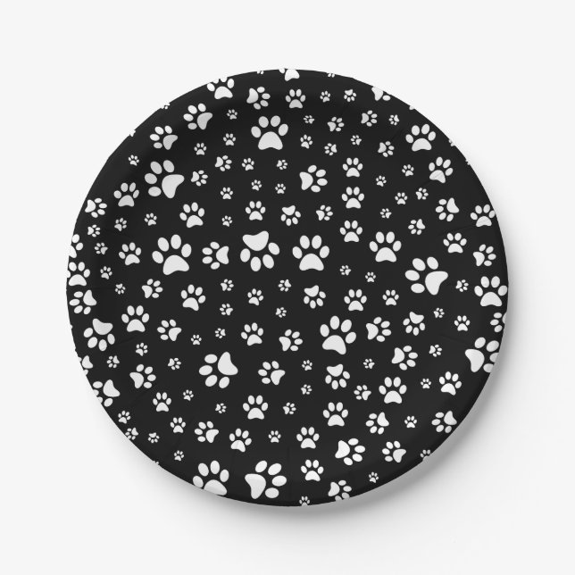 Plato de papel con estampado de huellas de perro e (Anverso)