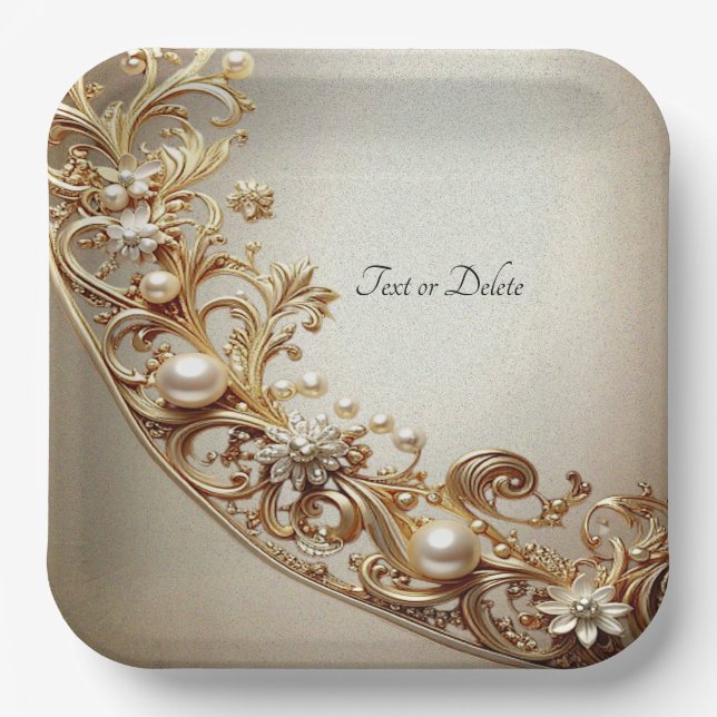 Plato de papel con floritura dorada ornamentada (Anverso)