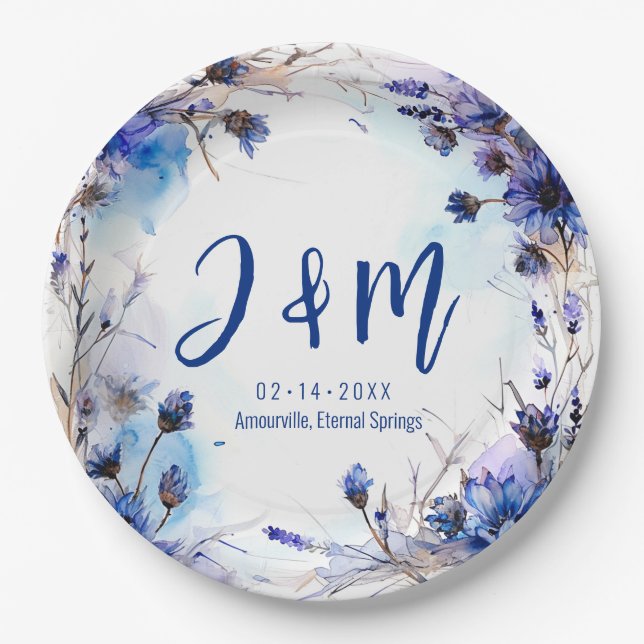 Plato De Papel 💍 con iniciales Cornflowers y Lavender Elegance (Anverso)