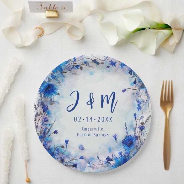 Plato De Papel 💍 con iniciales Cornflowers y Lavender Elegance (Boda)