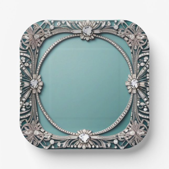 Plato de papel con joyas azul elegante (Anverso)