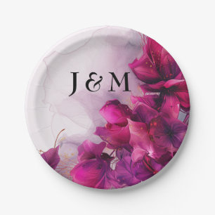 Plato De Papel Con las iniciales Encanto de Fuchsia: acuarela