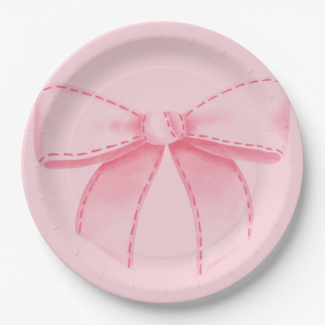 Plato de papel con lazo rosa con fondo rosa liso (Anverso)