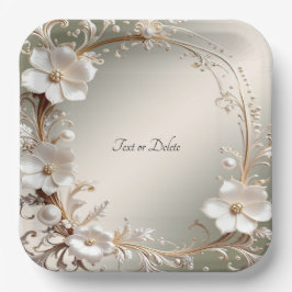 Plato de papel con marco floral blanco ornamentado