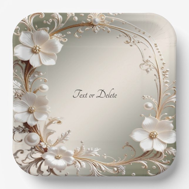 Plato de papel con marco floral blanco ornamentado (Anverso)