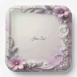Plato de papel con marco floral rosa