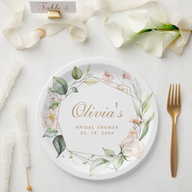 Plato de papel con marco geométrico dorado y flora (Boda)