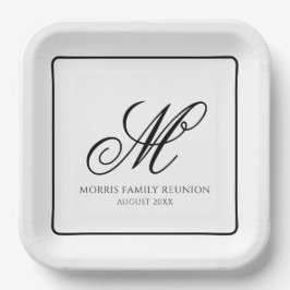 Plato de papel con monograma elegante en blanco y 