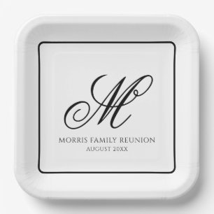 Plato de papel con monograma elegante en blanco y 