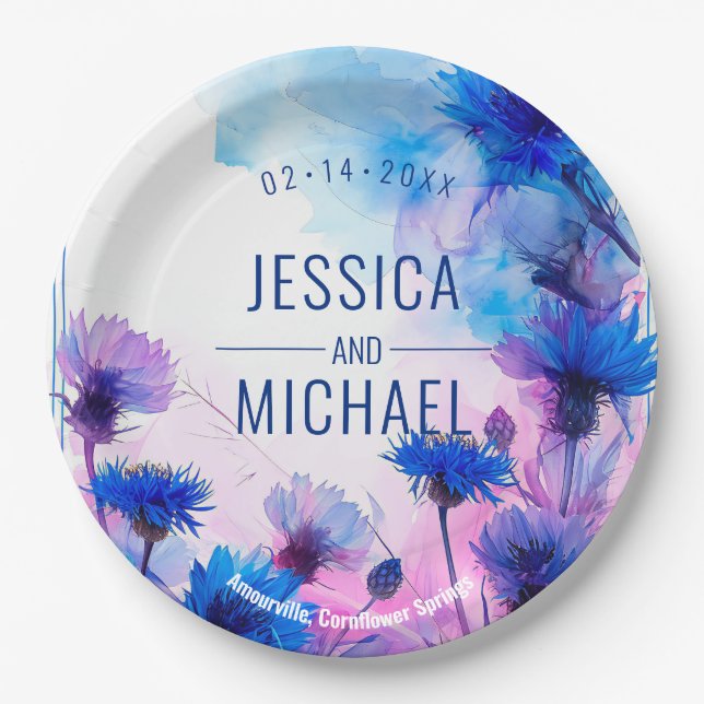 Plato De Papel 💍 con nombres Cornflowers y Lavender Elegance (Anverso)