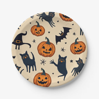 Plato de papel con patrón de calabaza y gato de Ha