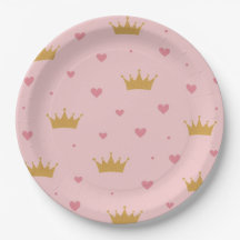 Plato de papel con patrón de princesa rosa y dorad