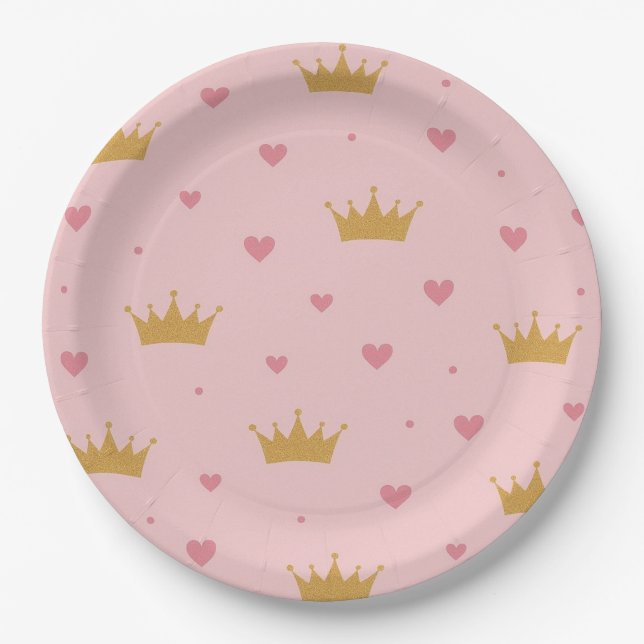 Plato de papel con patrón de princesa rosa y dorad (Anverso)