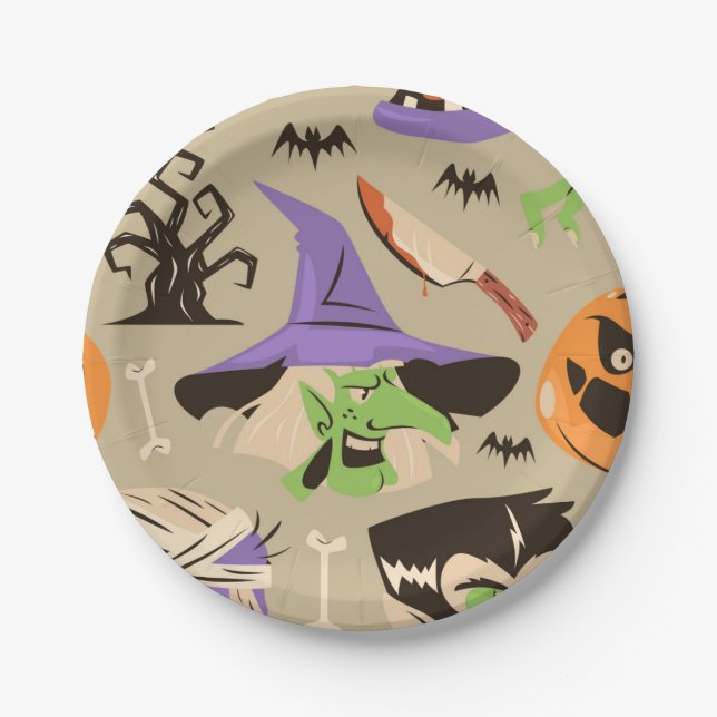 Plato de papel con patrón vintage de Halloween (Anverso)