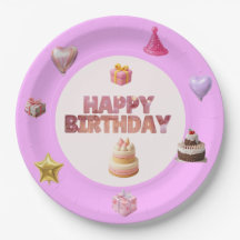 Plato de papel con tema de cumpleaños rosa pastel