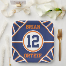 Plato de papel con tema deportivo azul y naranja