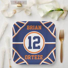 Plato de papel con tema deportivo azul y naranja