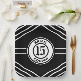 Plato de papel con tema deportivo en blanco y negr