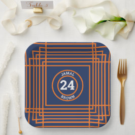 Plato de papel con tema deportivo naranja y azul