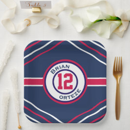 Plato de papel con tema deportivo rojo y azul