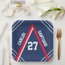 Plato de papel con tema deportivo rojo y azul