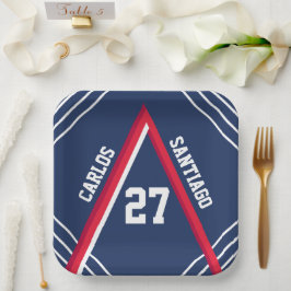 Plato de papel con tema deportivo rojo y azul