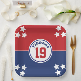 Plato de papel con tema deportivo rojo y azul