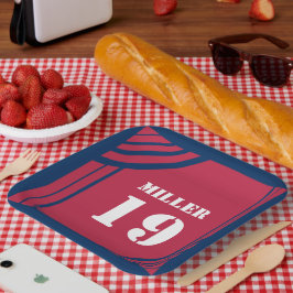 Plato de papel con tema deportivo rojo y azul