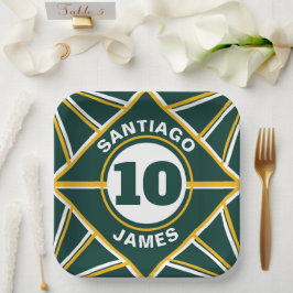 Plato de papel con tema deportivo verde y amarillo