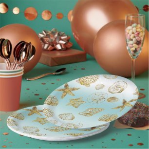 Plato De Papel Conchas de Oro de Playa Aqua Azul Ombre