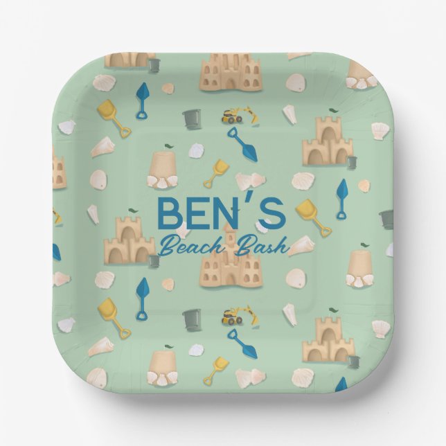 Plato De Papel Conchas marinas de Sandcastle Beach Birthday (Anverso)