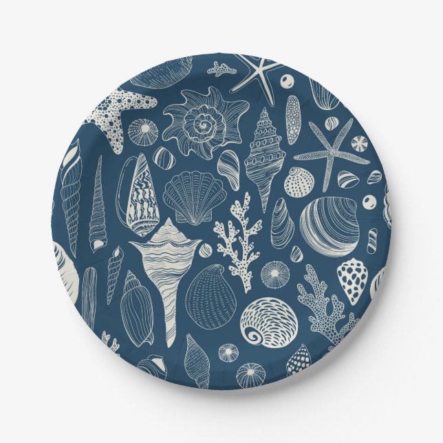Plato De Papel Conchas marinas sobre azul oscuro (Anverso)