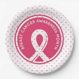 Plato De Papel Conciencia sobre el cáncer de mama con corazón ros