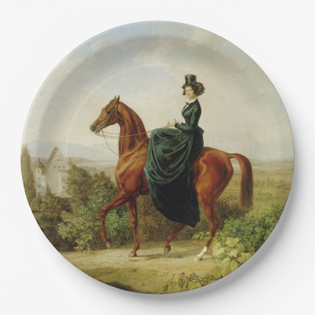 Plato De Papel Condesa a caballo (caballo marrón elegante) (Anverso)