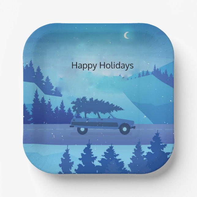 Plato De Papel Conducción por la carretera con un árbol de navida (Anverso)