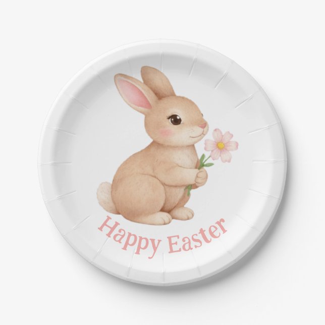 Plato De Papel Conejito con Flor Rosa Feliz Pascua (Anverso)