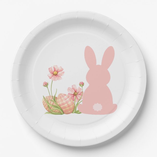 Plato De Papel Conejito de Pascua Rosa Adorable con Flores de Pri (Anverso)