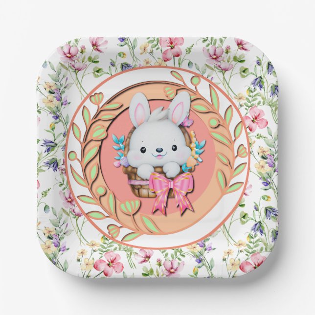 Plato De Papel Conejito de Pascua sentado en la cesta (Anverso)