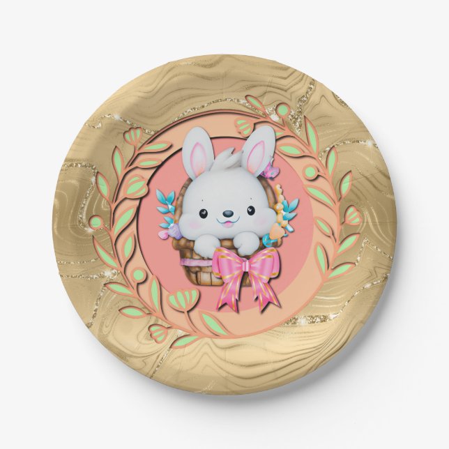 Plato De Papel Conejito de Pascua sentado en la cesta (Anverso)